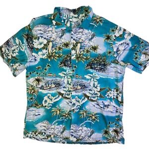 Jade Fashions Mens XL Hawaiian Shirt Turquoise Blue Scenic Tropical Cotton Made